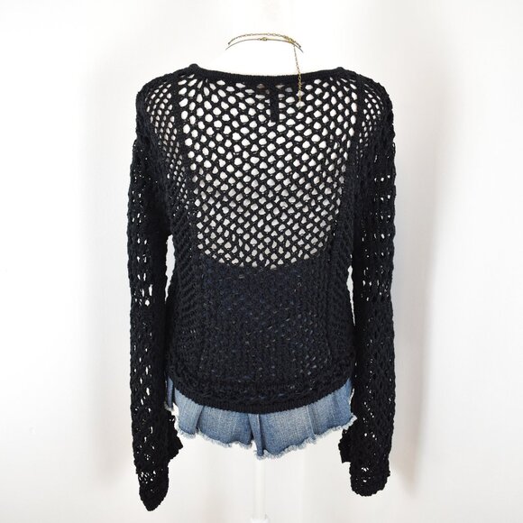 BCBGMaxAzria Black Chunky Long Bell Sleeve Cropped Oversized Slouchy Sweater - Picture 3 of 7